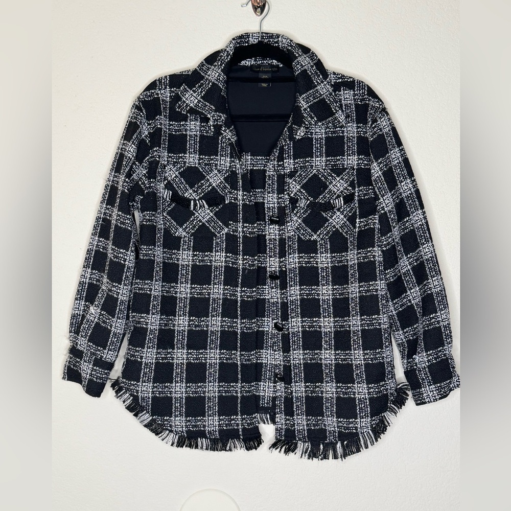 House of Harlow 1960 Black and White Tweed Jacket With Fringe